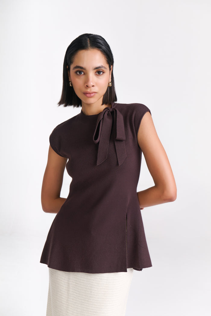 Brown Sleeveless Knit Top with Bow Detail