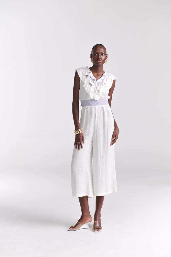 White Ruffled- Neck Crop Jumpsuit