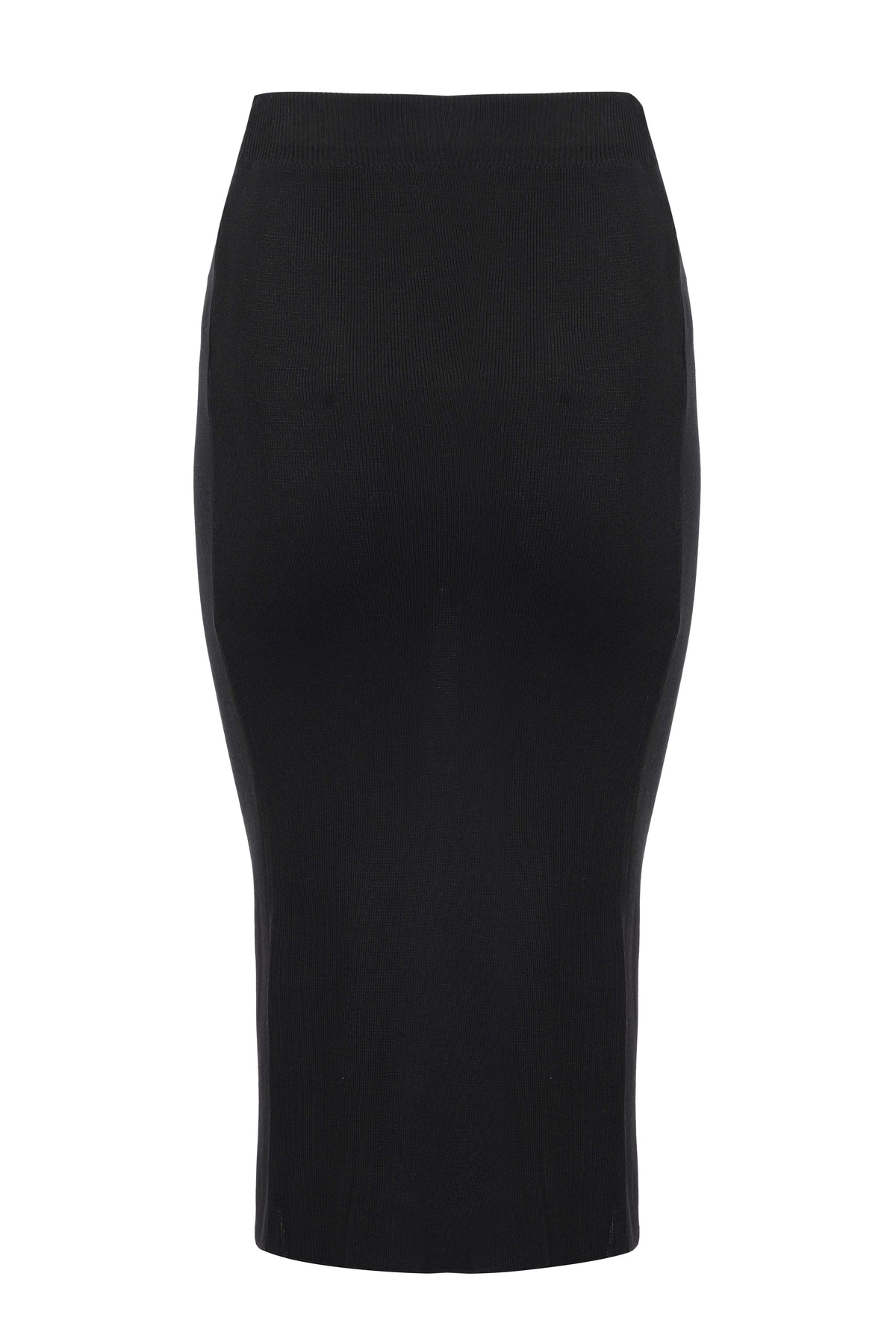 Black Knit Pencil Skirt With Front Bow Tie & Slit Detail