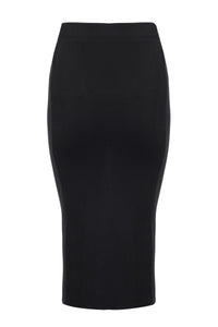 Black Knit Pencil Skirt With Front Bow Tie & Slit Detail
