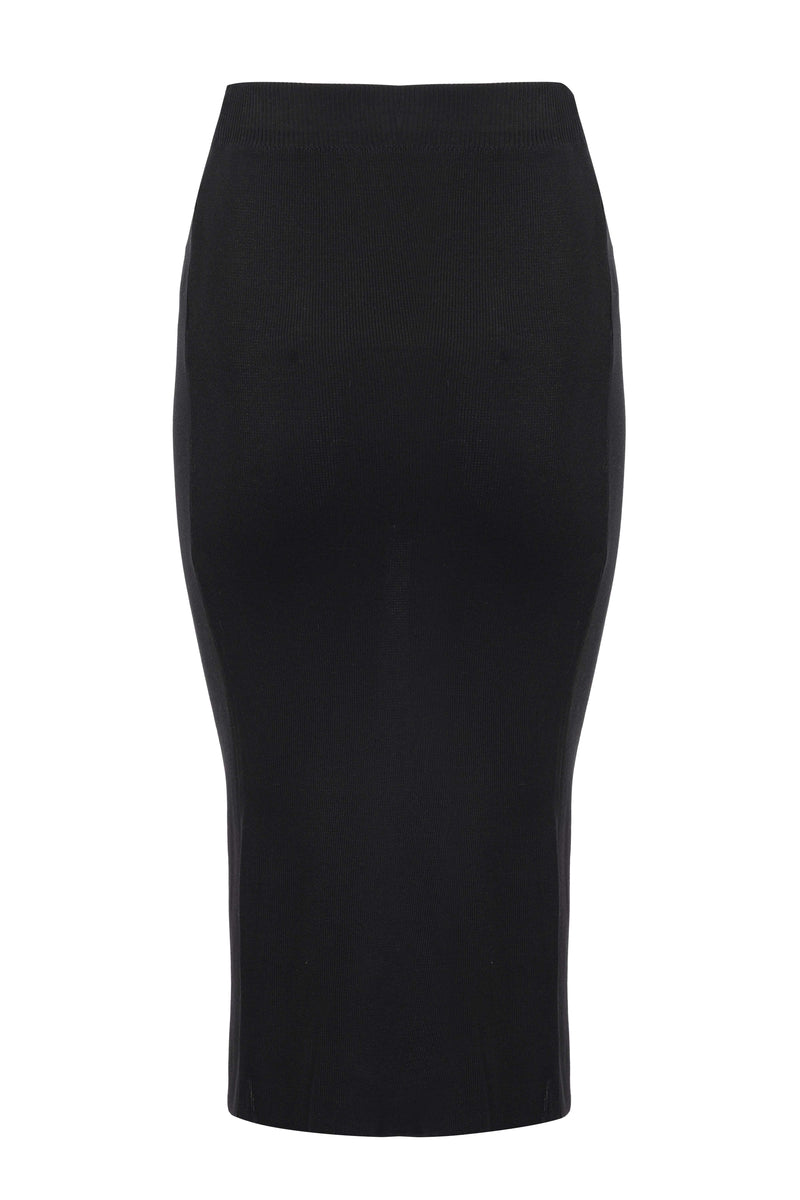 Black Knit Pencil Skirt With Front Bow Tie & Slit Detail