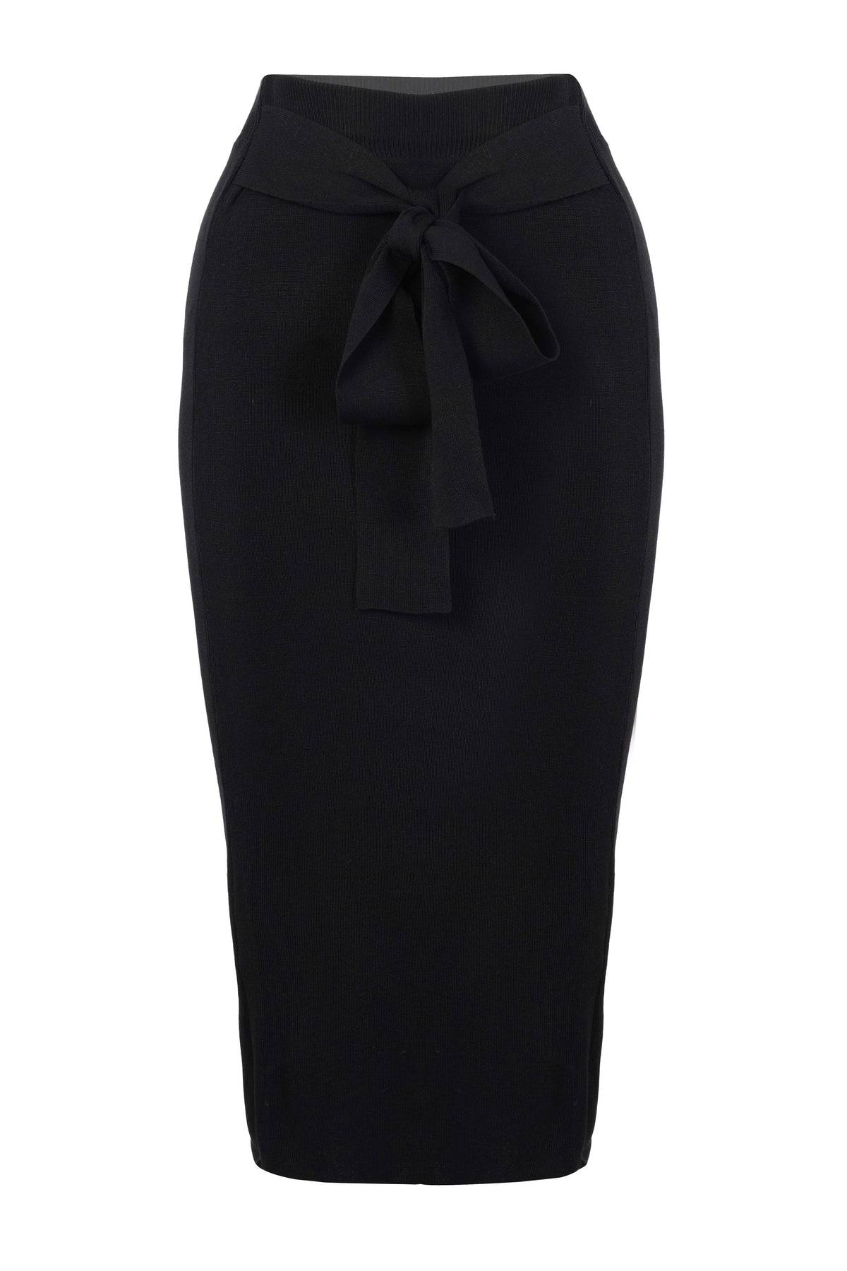 Black Knit Pencil Skirt With Front Bow Tie & Slit Detail
