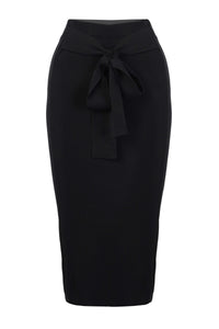 Black Knit Pencil Skirt With Front Bow Tie & Slit Detail