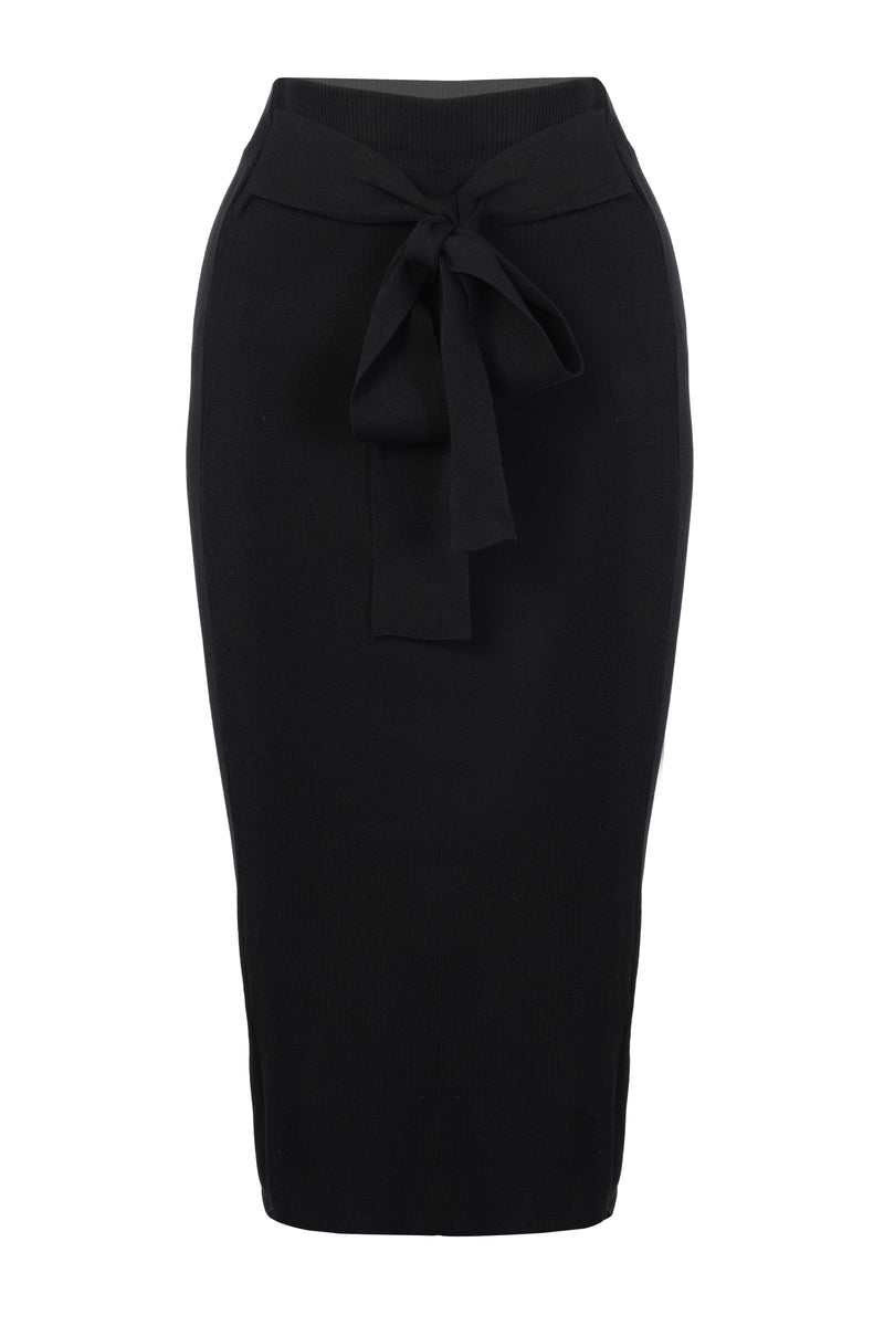 Black Knit Pencil Skirt With Front Bow Tie & Slit Detail