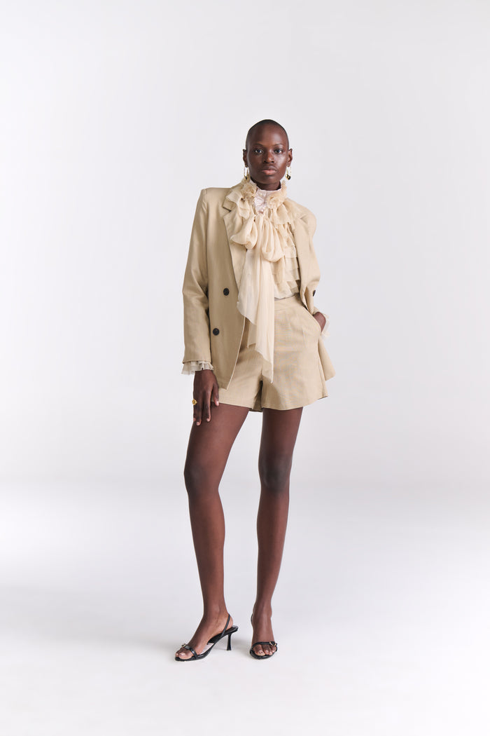 Beige Linen Jacket With Shorts Coord Set