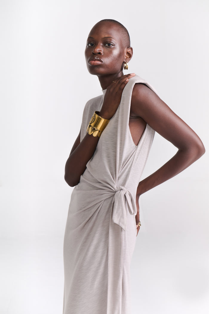 Grey Maxi Dress With Side Tie-Up Detail