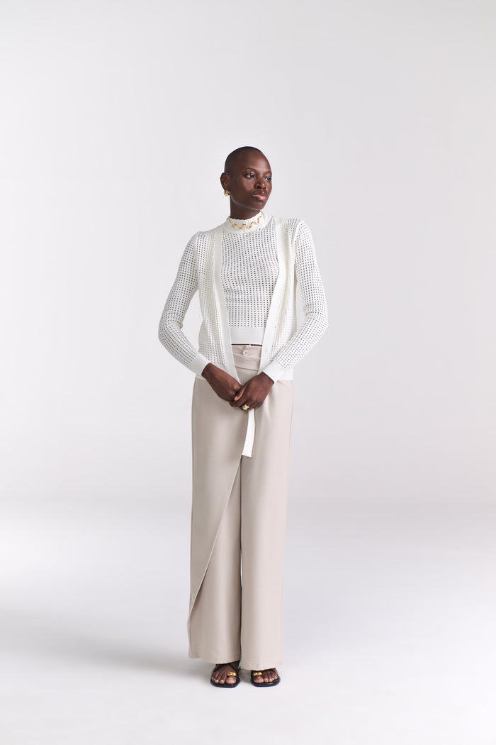 White Perforated Knit Top W/ Front Open Cardigan