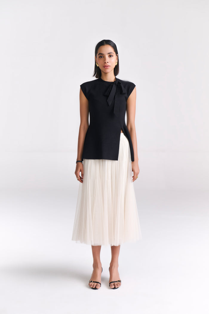 Black Sleeveless Knit Top with Bow Detail