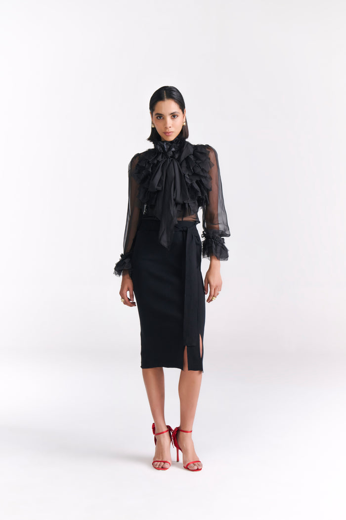 Black Victorian Chiffon Blouse (Full Sleeves) With Ruffles And Bow Detail