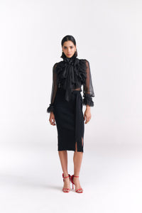 Black Knit Pencil Skirt With Front Bow Tie & Slit Detail