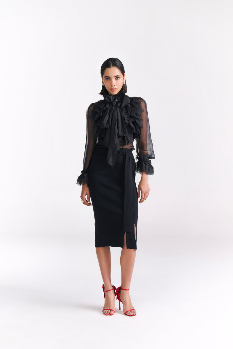 Black Knit Pencil Skirt With Front Bow Tie & Slit Detail