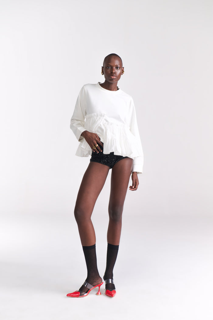White Knit Top with Assymetric Ruffle Detail