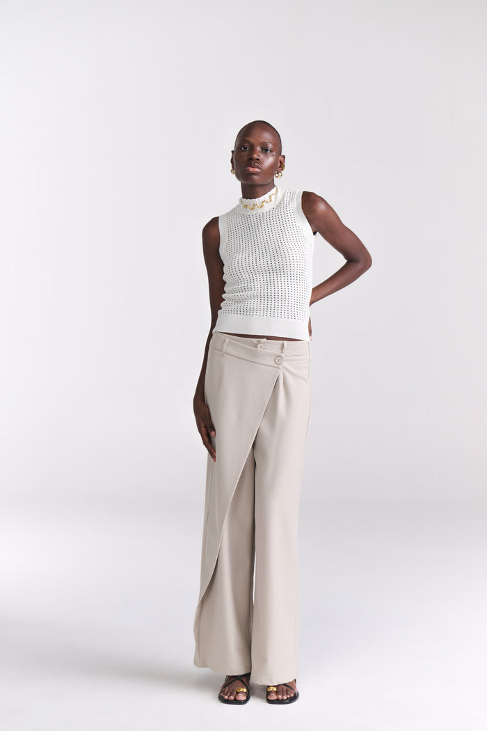 Beige Overlap Tailored Pants