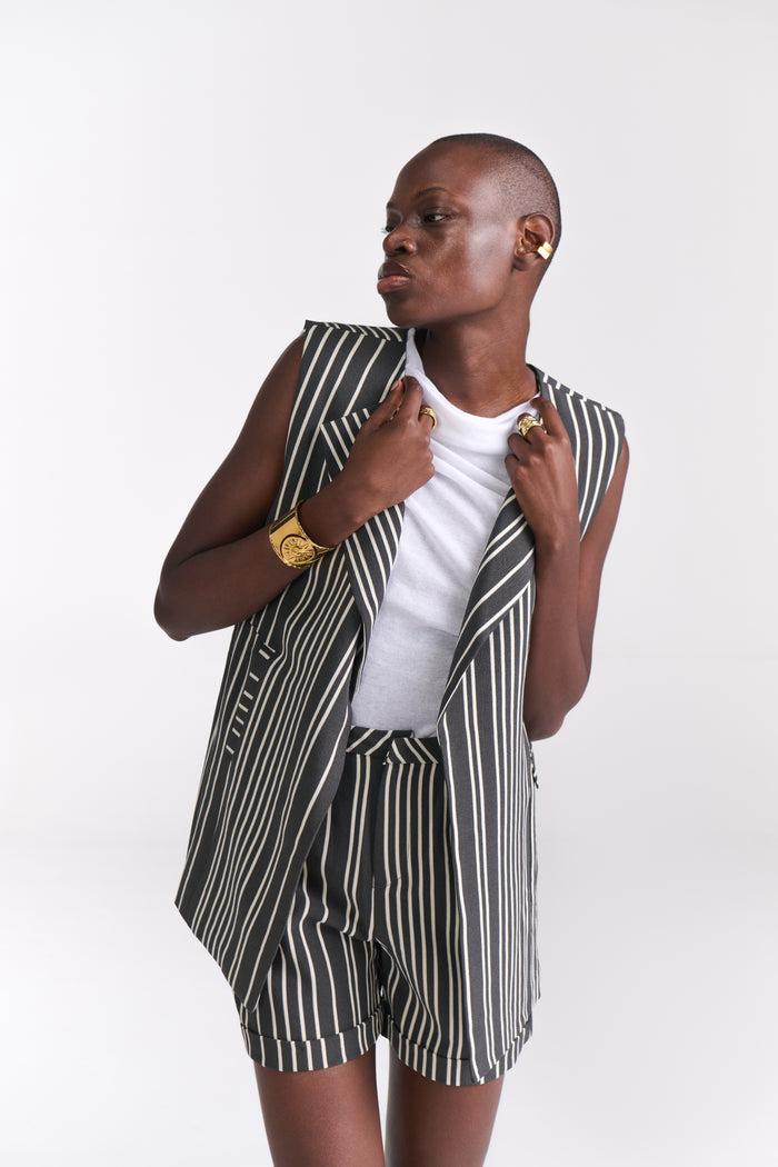 Sleeveless Stripe Jacket With Shorts Coord Set