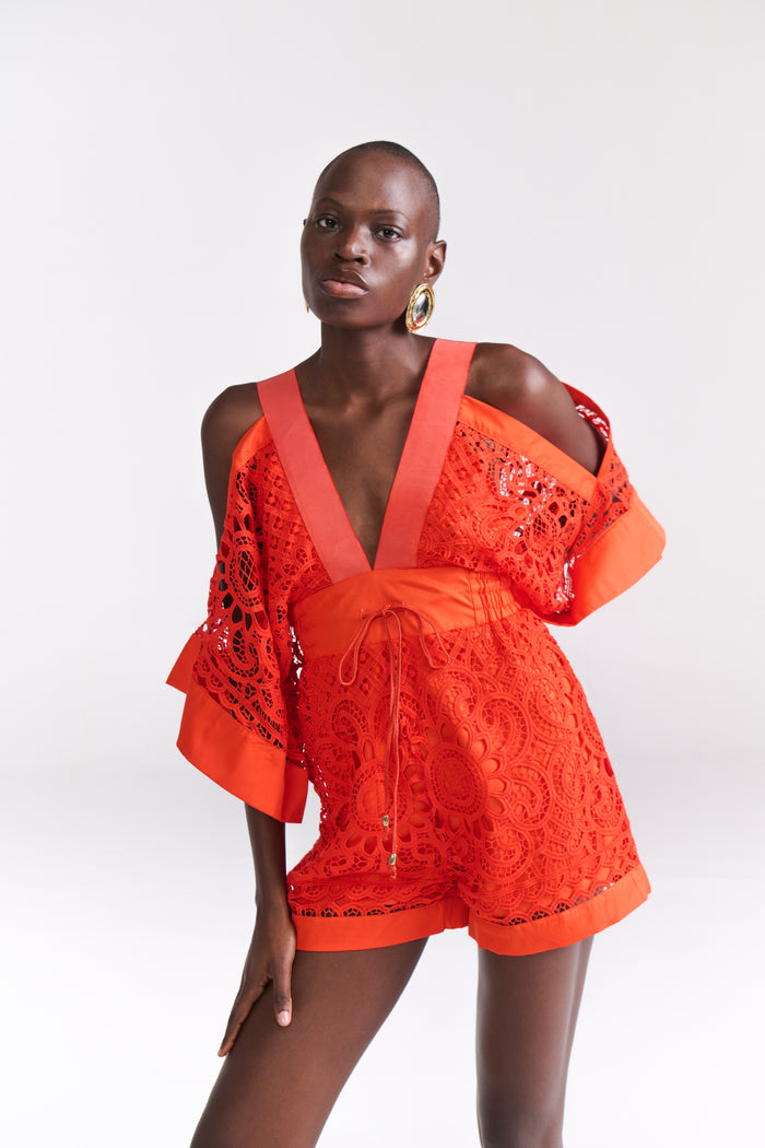 Tangerine Guipure Lace Playsuit (PETITE)