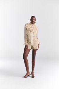 Beige Victorian Chiffon Blouse (Full Sleeves) With Ruffles And Bow Detail