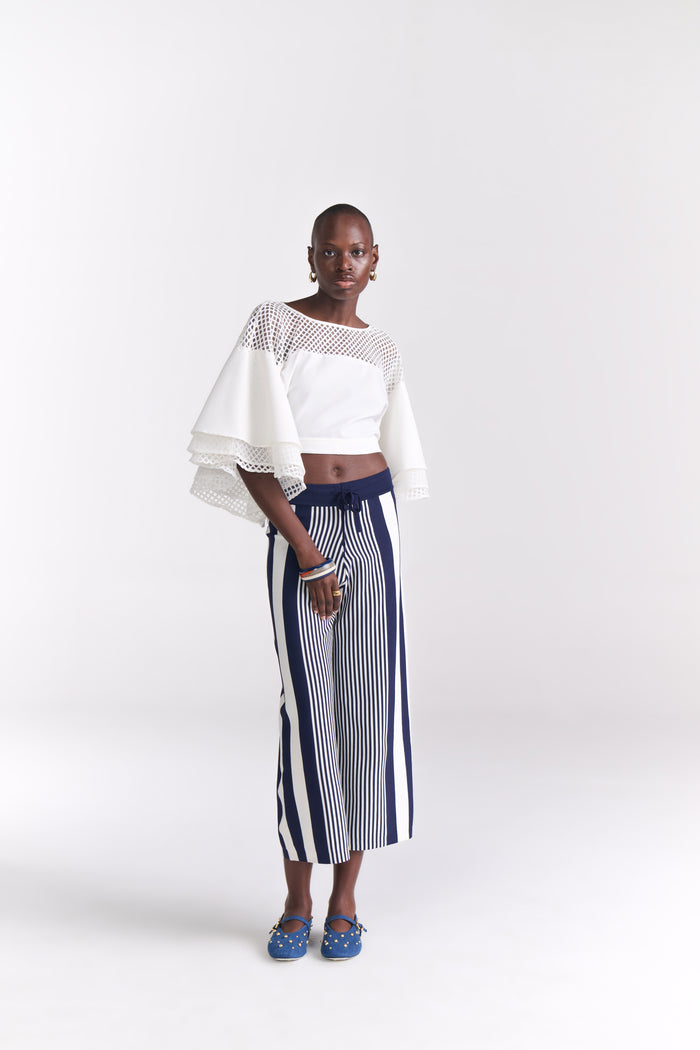 White Crop Top with Ruffled Sleeves & Back Tie-Up Detail