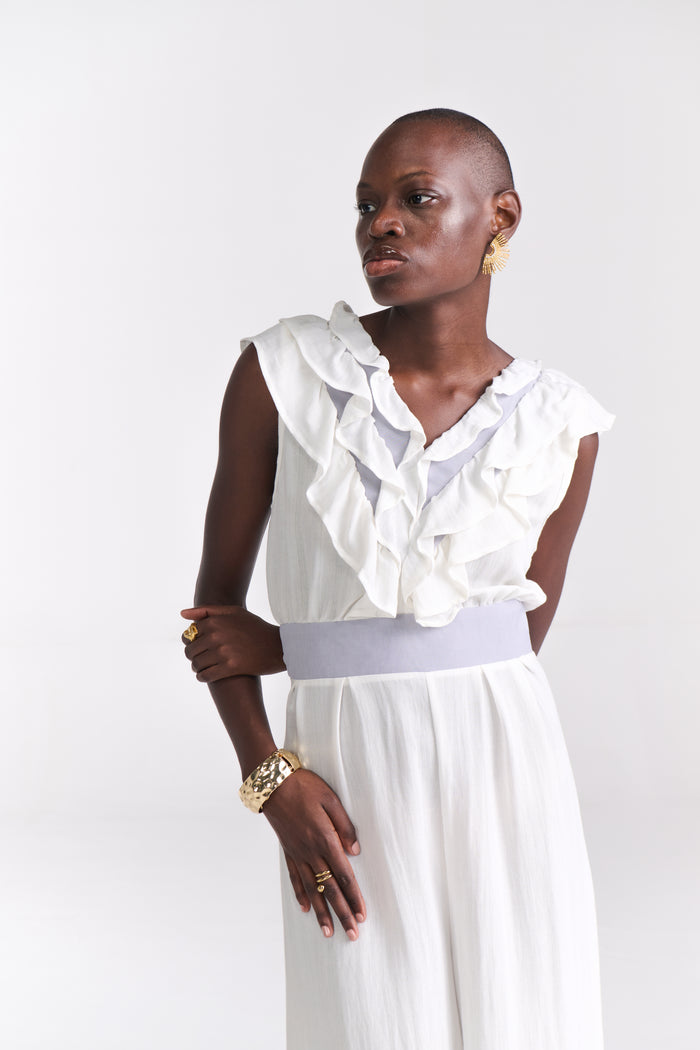 White Ruffled- Neck Crop Jumpsuit