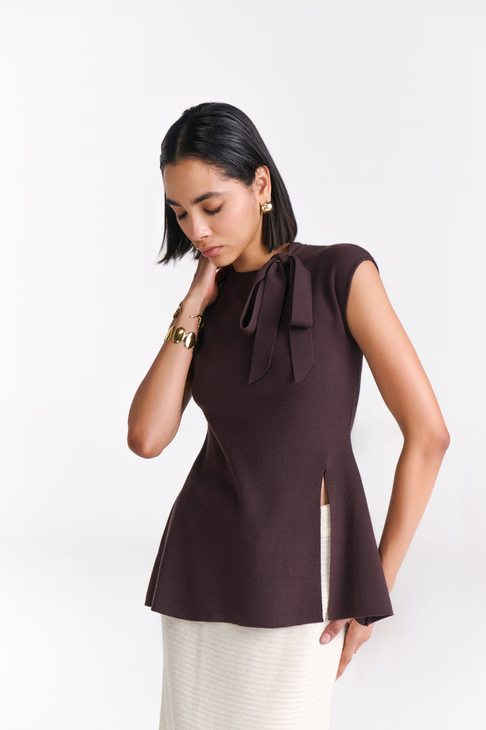 Brown Sleeveless Knit Top with Bow Detail - Tastes Like Couture