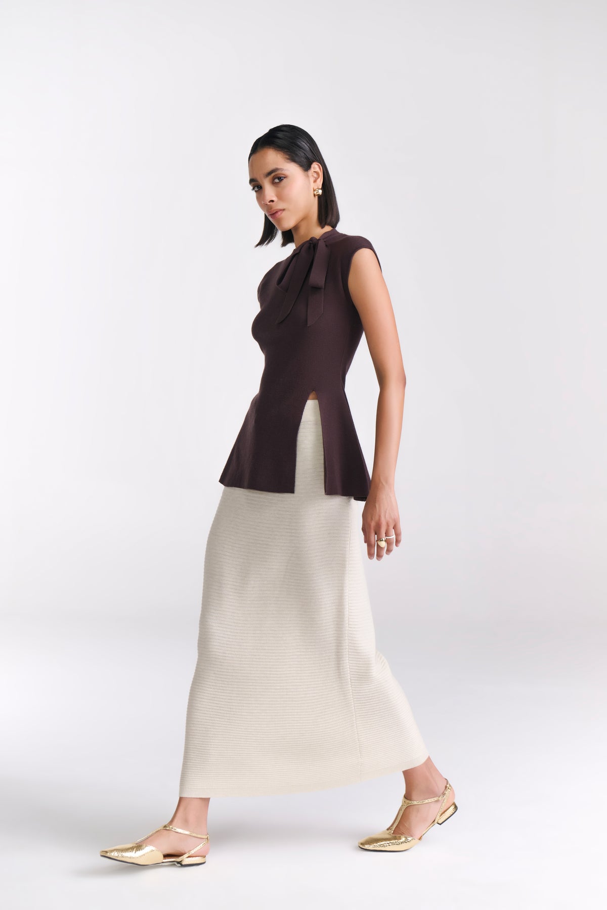 Beige Knit Midi Skirt