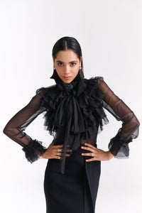 Black Knit Pencil Skirt With Front Bow Tie & Slit Detail