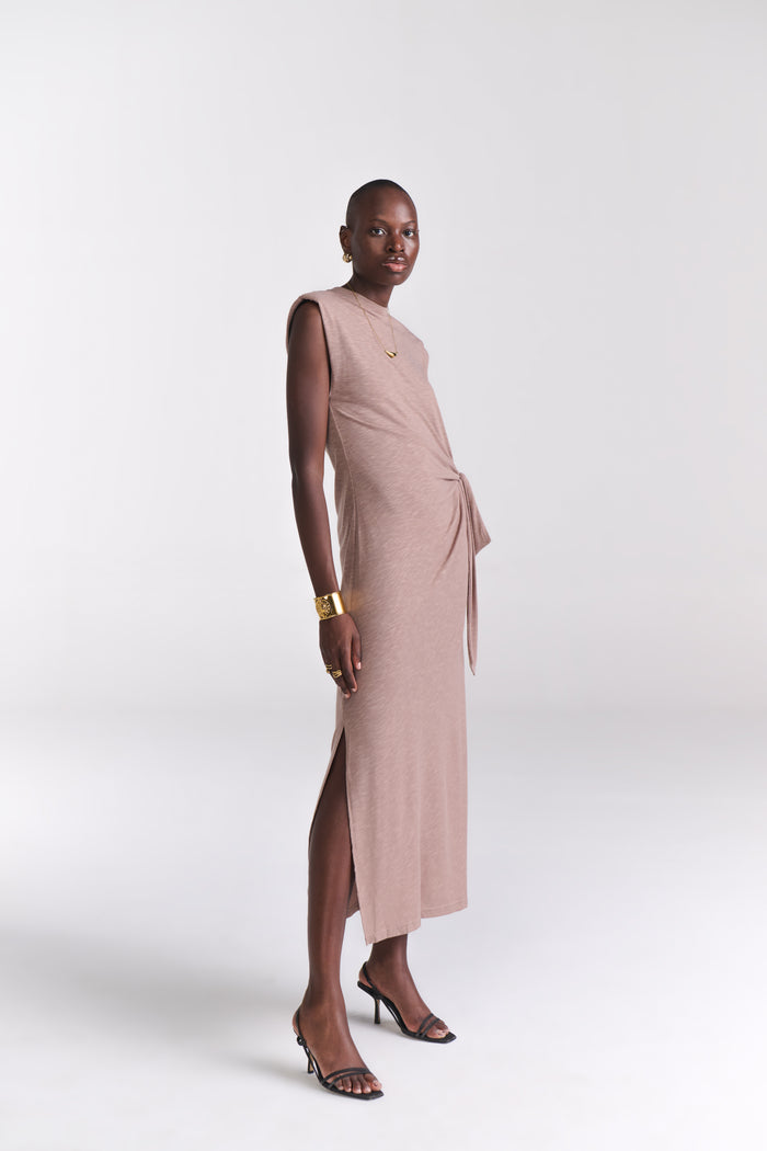 Taupe Maxi Dress With Side Tie-Up Detail - Tastes Like Couture