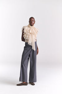 Beige Victorian Chiffon Blouse (Sleeveless) With Ruffles And Bow Detail