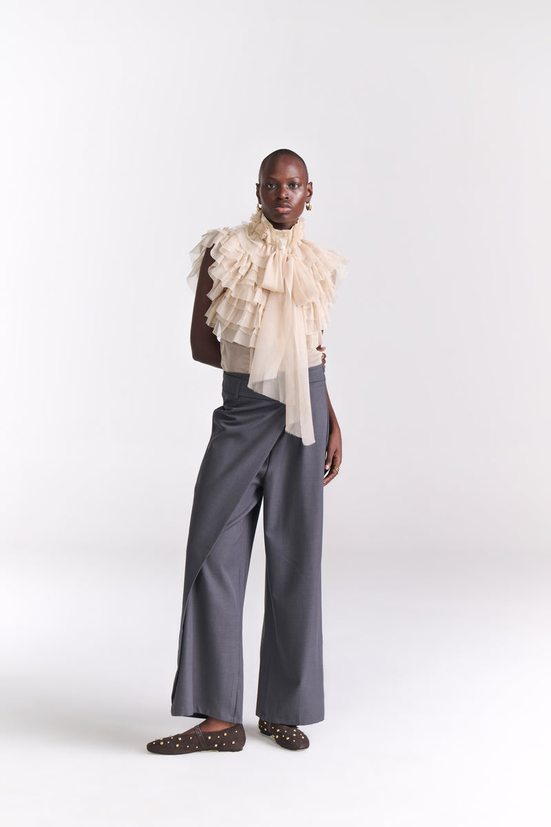 Beige Victorian Chiffon Blouse (Sleeveless) With Ruffles And Bow Detail