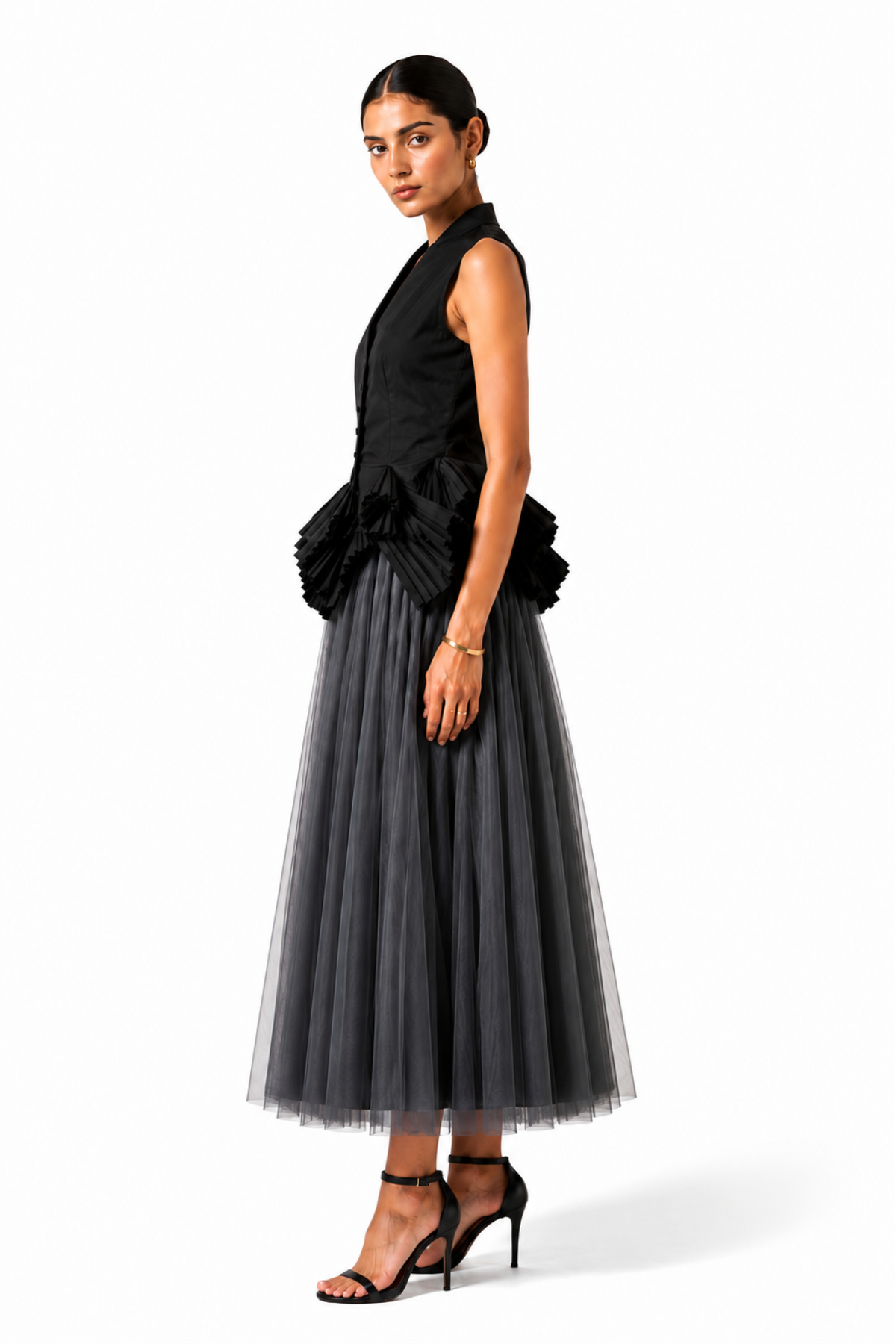 Charcoal Grey Tulle Midi Skirt