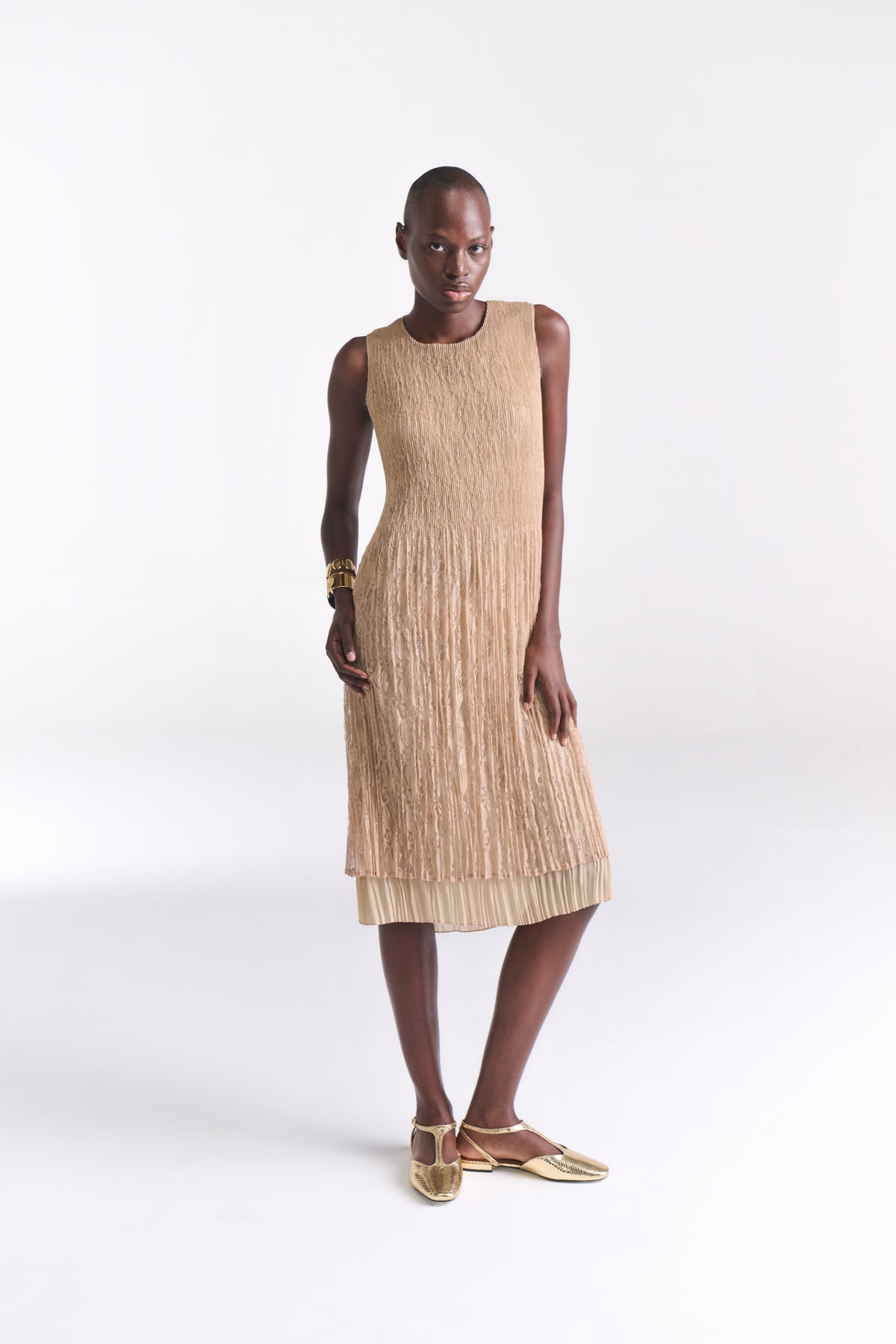 Crinkled Lace Nude Midi Dress - Tastes Like Couture