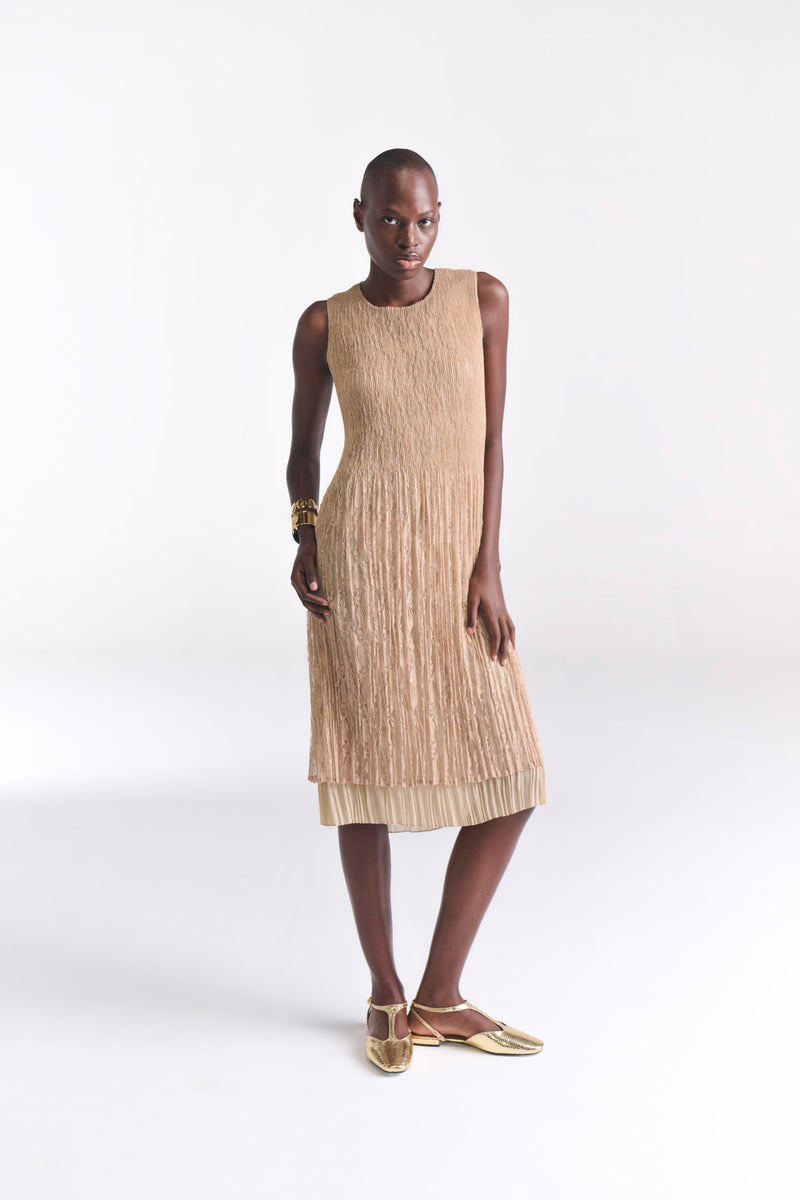 Crinkled Lace Nude Midi Dress - Tastes Like Couture