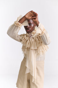 Beige Victorian Chiffon Blouse (Full Sleeves) With Ruffles And Bow Detail