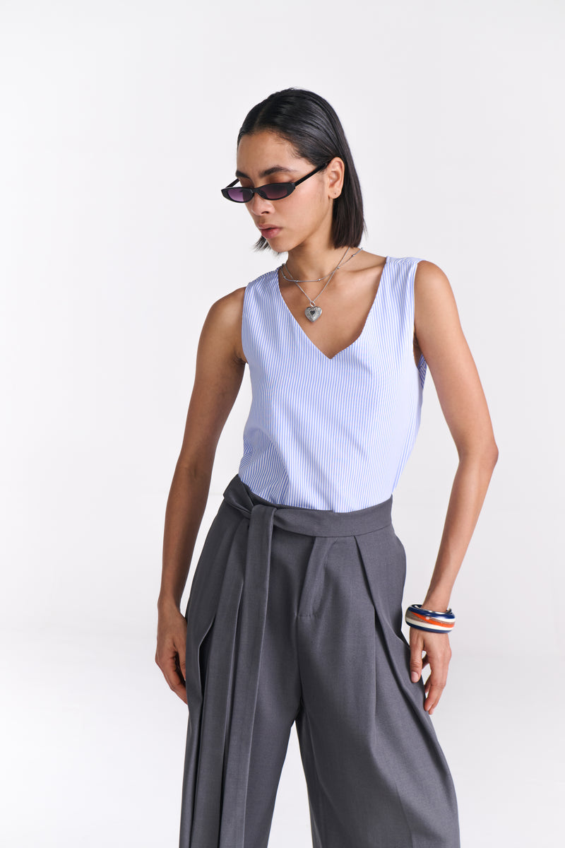 Blue Pinstripe Top with Open Back Tie Detail - Tastes Like Couture