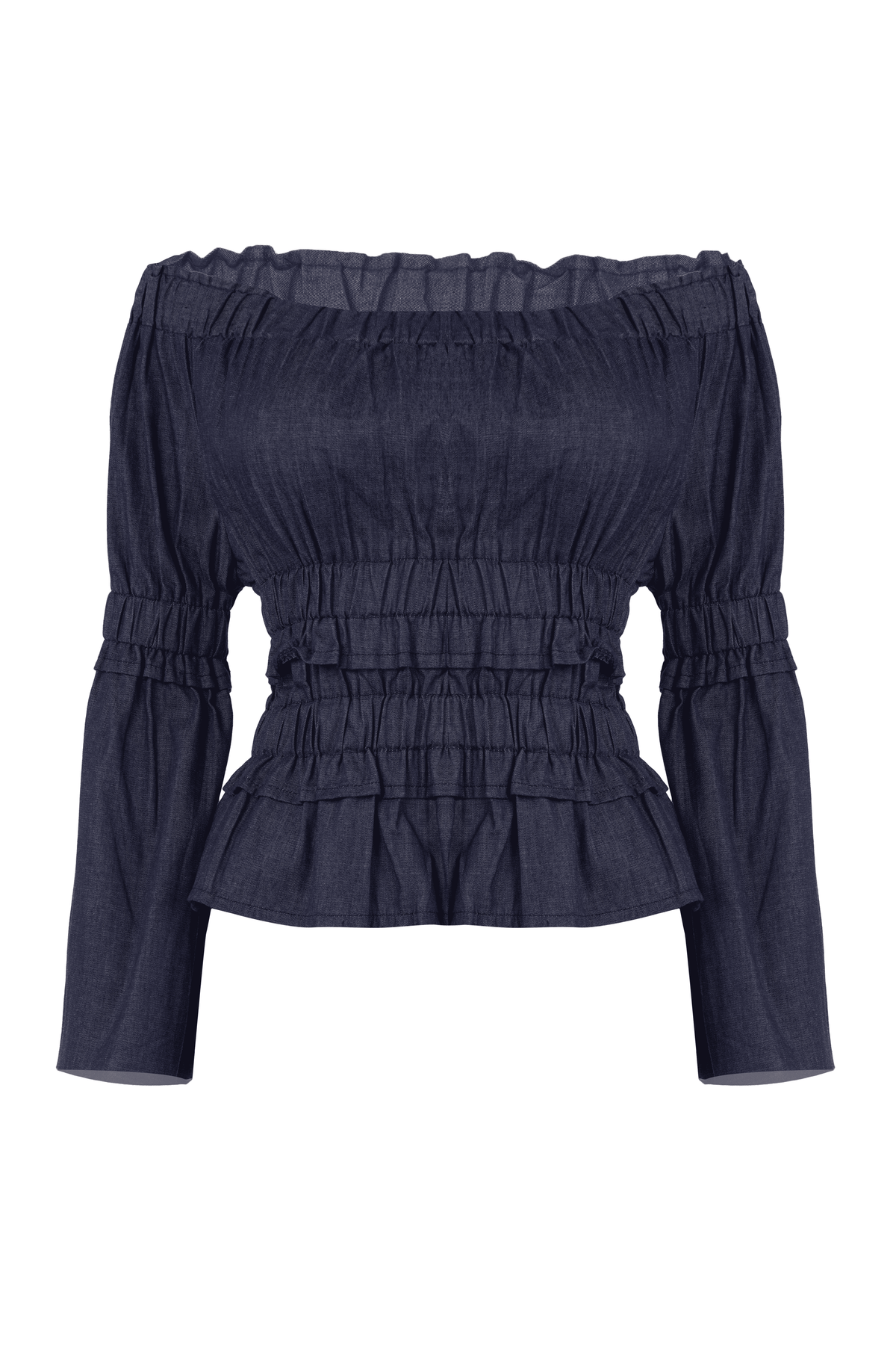 Denim Ruched Peasant Off Shoulder Top