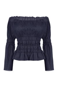 Denim Ruched Peasant Off Shoulder Top