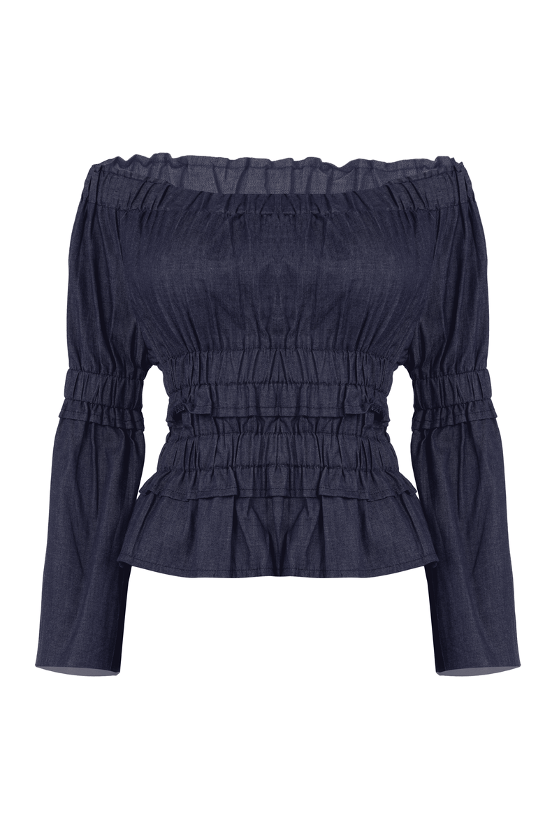 Denim Ruched Peasant Off Shoulder Top