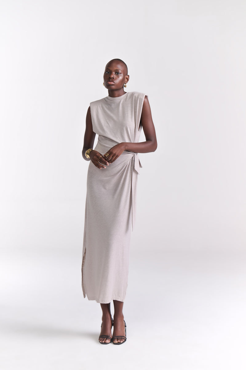 Grey Maxi Dress With Side Tie-Up Detail