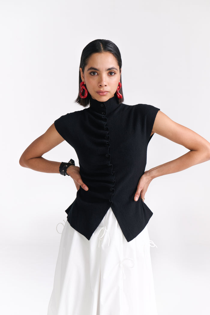 Black Ruched Button-Front Knit top - Tastes Like Couture
