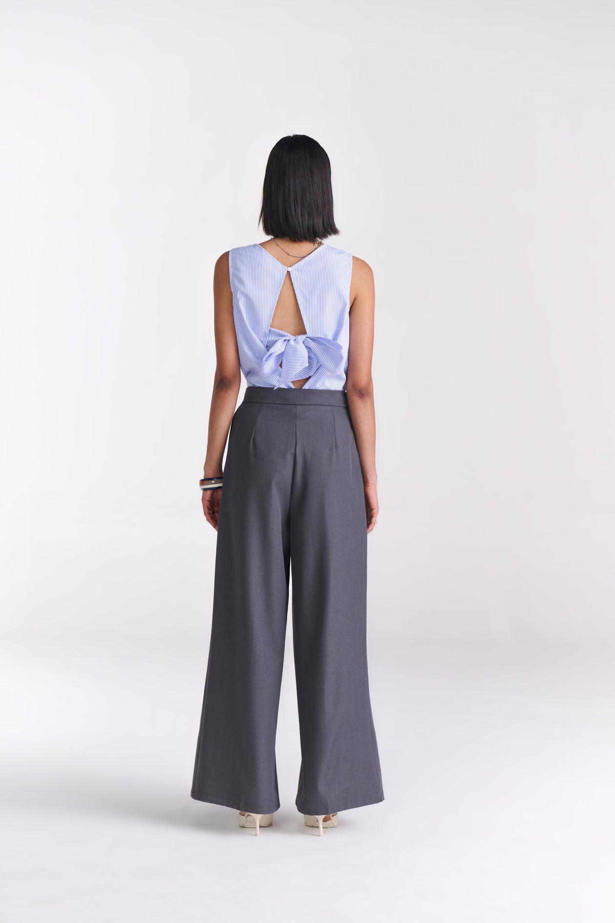 Blue Pinstripe Top with Open Back Tie Detail - Tastes Like Couture
