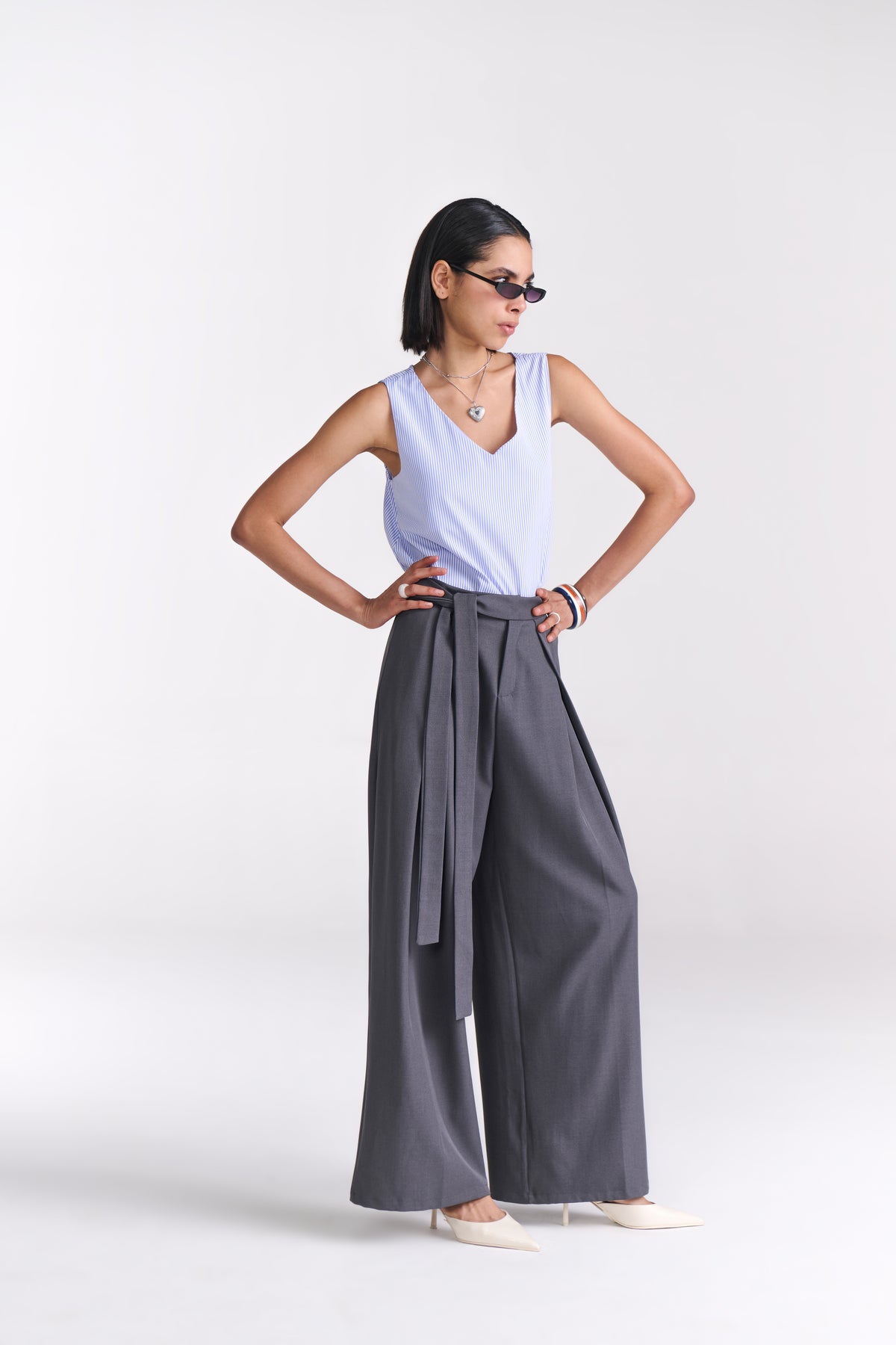 Grey Tailored belted Wide Leg Pants - Tastes Like Couture