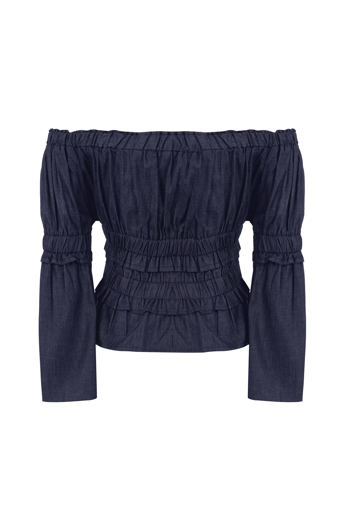 Denim Ruched Peasant Off Shoulder Top