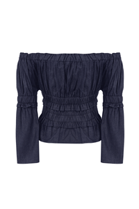Denim Ruched Peasant Off Shoulder Top
