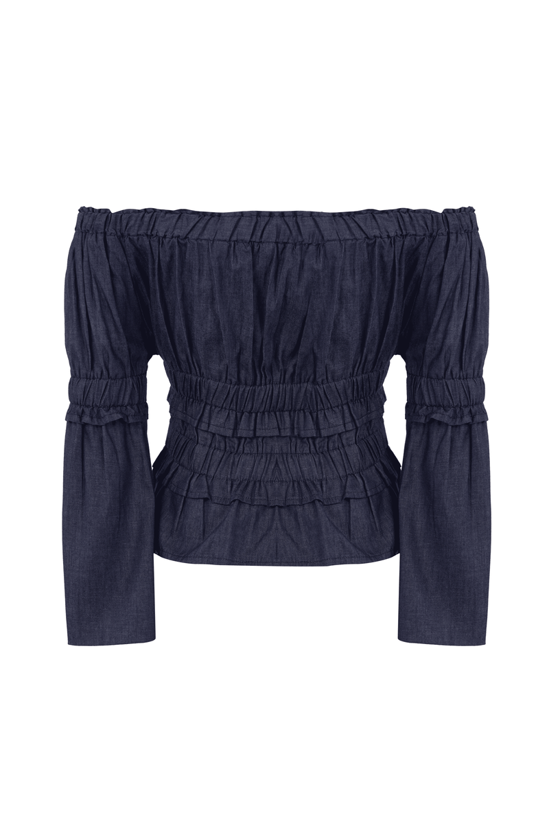 Denim Ruched Peasant Off Shoulder Top