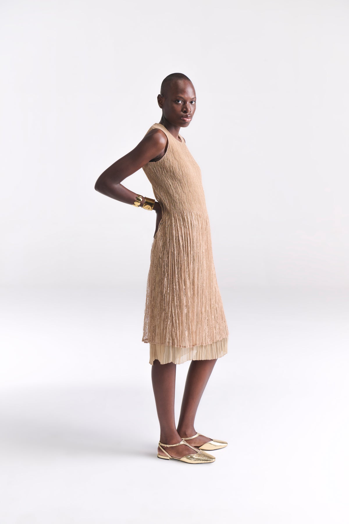 Crinkled Lace Nude Midi Dress - Tastes Like Couture