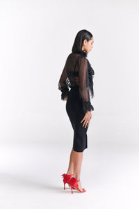 Black Knit Pencil Skirt With Front Bow Tie & Slit Detail