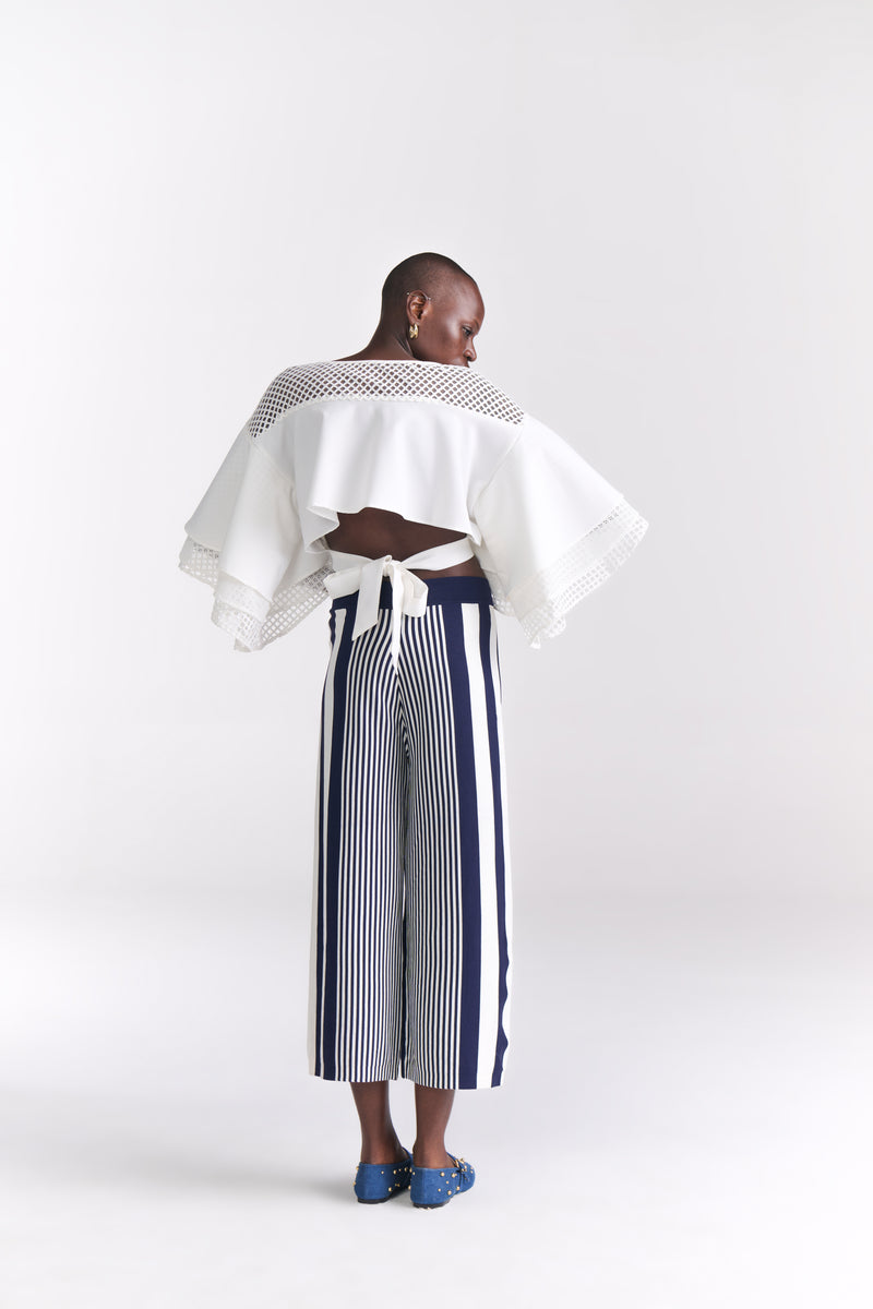 White Crop Top with Ruffled Sleeves & Back Tie-Up Detail
