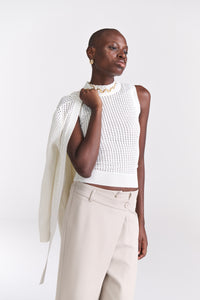 White Perforated Knit Top W/ Front Open Cardigan