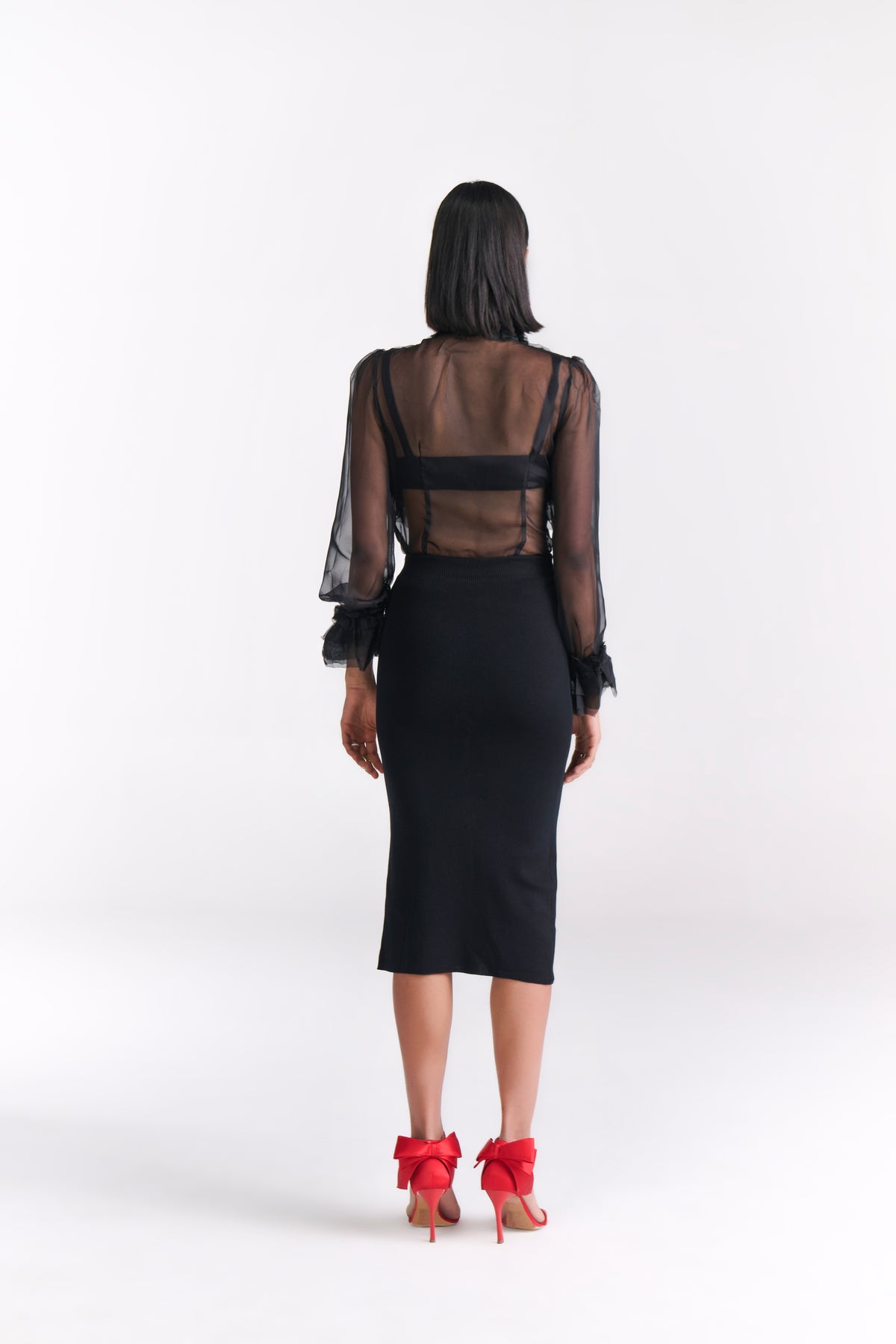 Black Knit Pencil Skirt With Front Bow Tie & Slit Detail