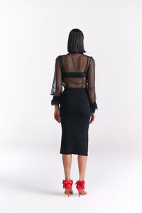 Black Knit Pencil Skirt With Front Bow Tie & Slit Detail