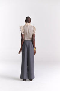 Beige Victorian Chiffon Blouse (Sleeveless) With Ruffles And Bow Detail